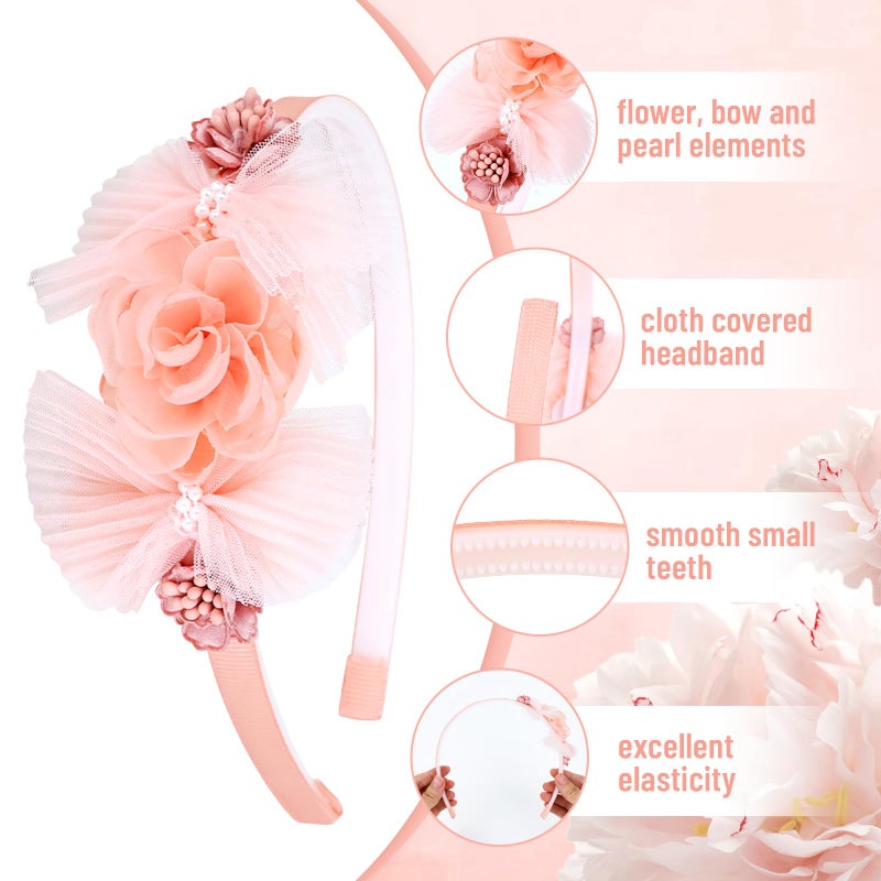 Dizila 5 Pieces Pink Ivory Chiffon Flower Plasitc Headbands Floral Hair Bands Hoops Accessories - Image 3